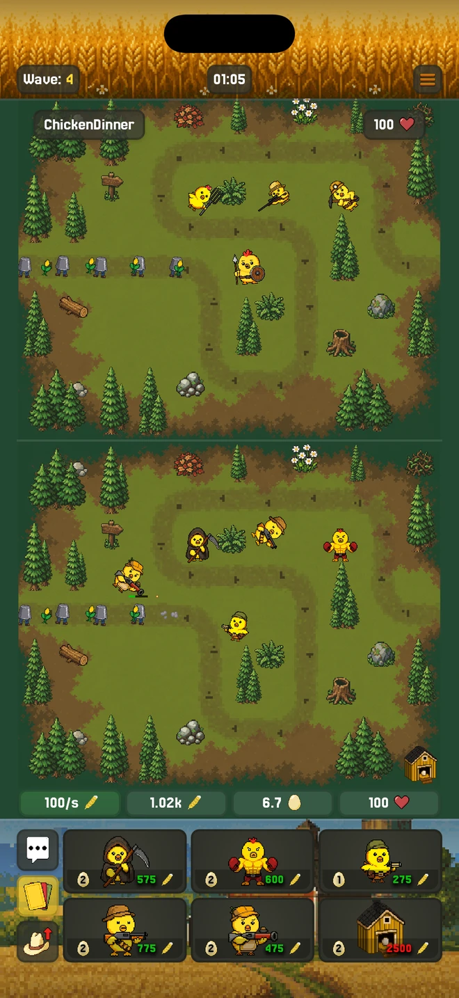 Tender Defenders 1v1 battle on Timber Trail, showing both players defending their paths with chicken towers